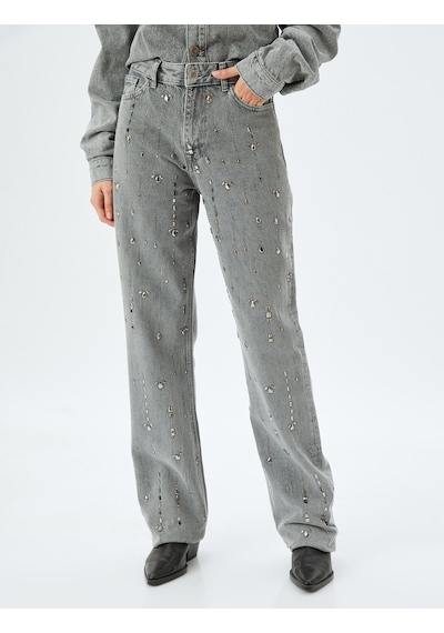 Koton Düz Uzun Paça Normal Bel Cep Detaylı Taşlı Kot Pantolon - Longer Straight Fit Jean Gri 5wal40177md Gri
