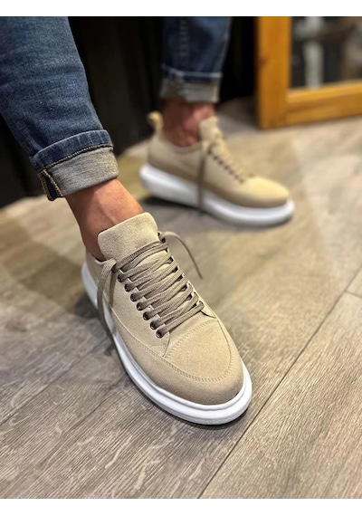 Mevese Meverk Süet Erkek Sneaker Ayakkabı Kalın Taban Günlük Krem