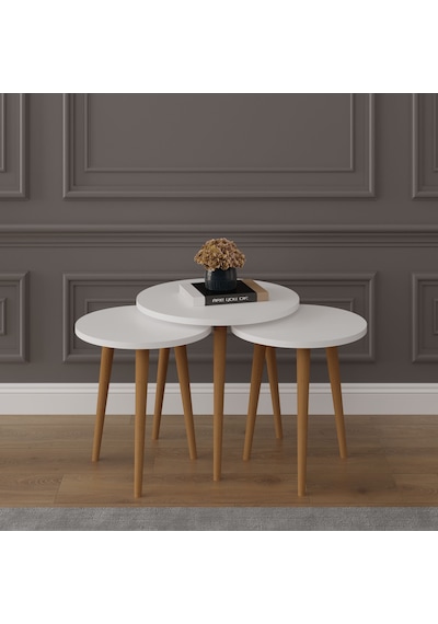 Asra Trend 3'lü Yuvarlak Zigon Sehpa Takımı SEHPA01 %100 MDF Ahşap Ayaklı Beyaz
