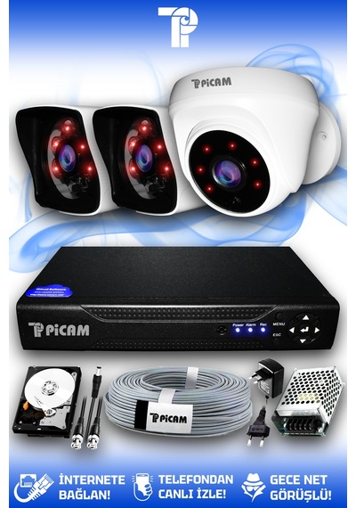 Picam 3 Kameralı Kare 1 İç Kamera Set 250 GB HDD Full HD Gece Görüşlü Güvenlik Kamerası Sistemi