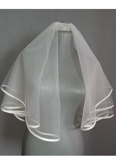 Suzanna Moda Saten Biyeli Duble Çift Kat Mini Gelin Duvağı 60 Cm Boy Taraklı Kırık Beyaz