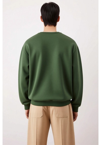 Benerly Erkek Bisiklet Yaka Düşük Kol Nakışlı Oversize Sweatshirt Pamuk Haki