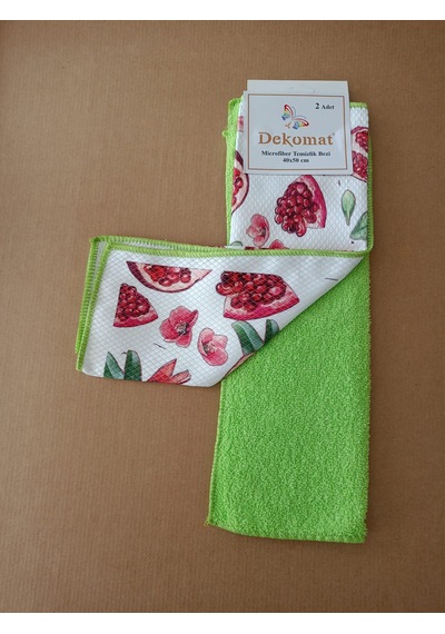 Microfiber Temizlik Bezi 40x50 Cm 2 Adet Nar Tanesi Bir Adet Baskılı Bir Adet Naturel Yeşil