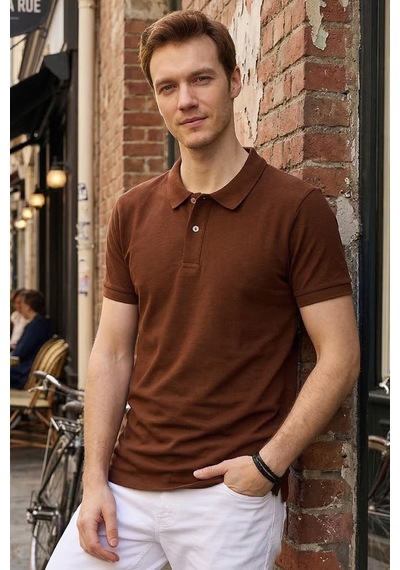 Tudors Erkek Slim Fit Dar Kesim Pamuklu Yumuşak Doku Nefes Alan Kumaş Kahverengi Polo Yaka Tişört-31623