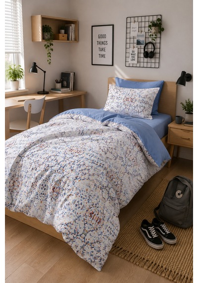 Mystory Home  Lastikli Çarşaflı Tek Kişilik Nevresim Takımı Bluem