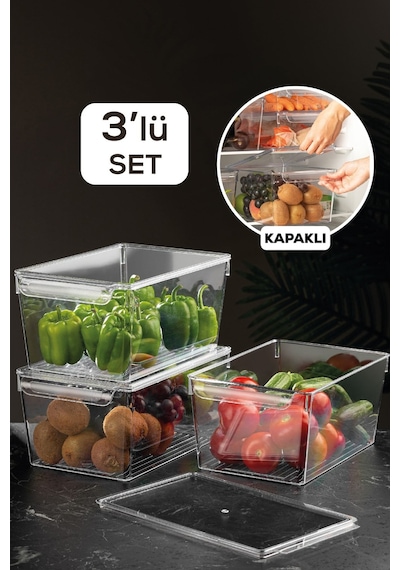 3'lü Kapaklı Buzdolabı Düzenleyici Buzdolabı Içi Düzenleyici Organizer 14 X 32,5 X 20 Cm Şeffaf