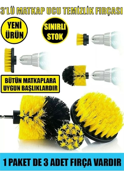İsgstore 3'lü Set Matkap Ucuna Takılan Banyo Küvet Duşa Kabin Fayans Oto Koltuk Lastik Yıkama Temizleme Fırça