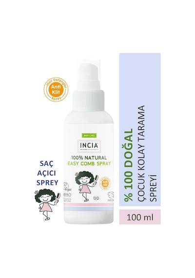 INCIA %100 Doğal Kolay Tarama Spreyi Çocuklar İçin Nemlendirici Parlaklaklaştırıcı Anti Klit 100 ml