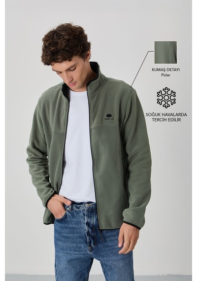 Tommy Life Çağla Yazı Nakışlı Dik Yaka Fermuarlı Standart Kalıp Erkek Sweatshirt Polar - 87992 Çağla