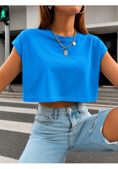 Bonnywıll Bonnywılll Bisiklet Yaka Düşük Kol Crop T-shırt Mavi