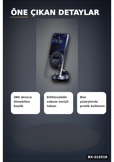 Vakumlu Emişli 360 Derece Döner Manyetik Telefon Tutucu - Güçlü Mıknatıslı Araba Masaüstü Bx-313519 Siyah