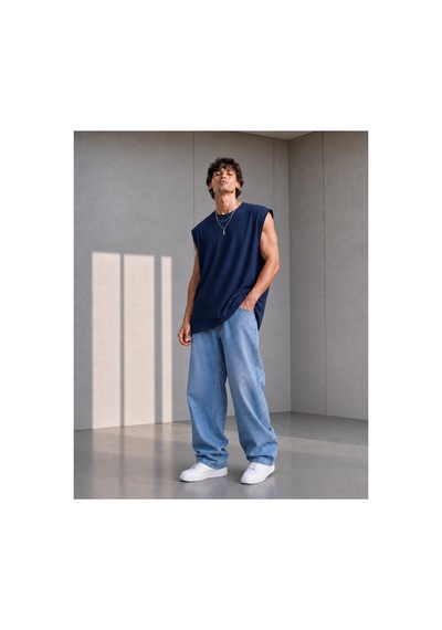 Thiff Erkek Oversize Kolsuz T-shirt Tişört Atlet Lacivert
