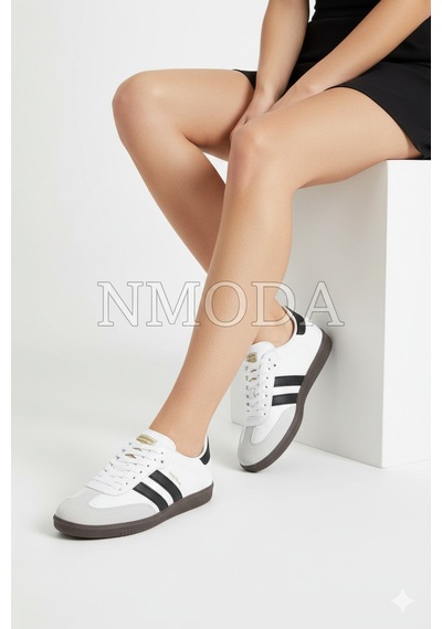 N Moda Unisex Siyah Beyaz Termo Taban Yanı Şeritli Bağcıklı Spor Ayakkabı Beyaz Siyah