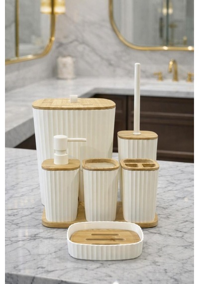 Duvara Yapışkanlı Gerçek Bambu Beyaz 6'lı Safir Banyo Seti Beyaz