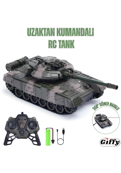 Oyuncak Şarjlı Uzaktan Kumandalı Rc Tank 33 Cm 360 Döner Gövde Işıklı Sesli Atış Efektli Yeşil