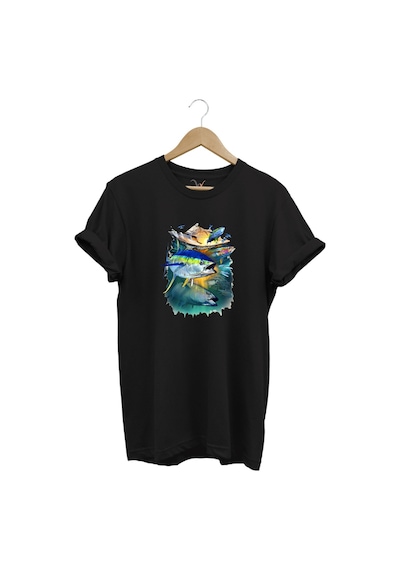 Fishing Balık Baskılı Balıkçılık %100 Pamuk Regular Fit Bisiklet Yaka Siyah T-shirt Siyah