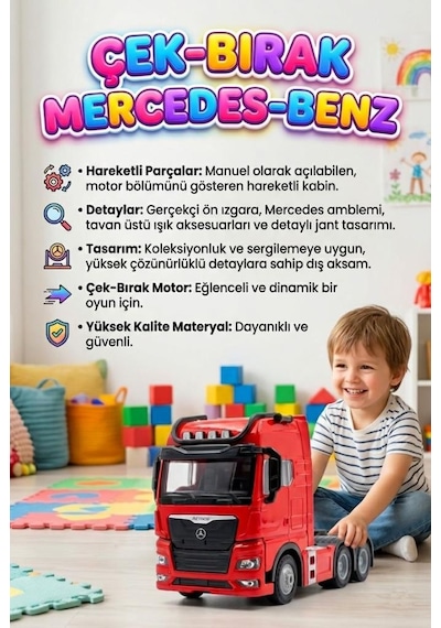 Mercedes Actroc Çek-bırak Mekanizmalı Metal Gerçekçi Tasarımlı Devrilebilir Kabinli Oyuncak Tır Kırmızı