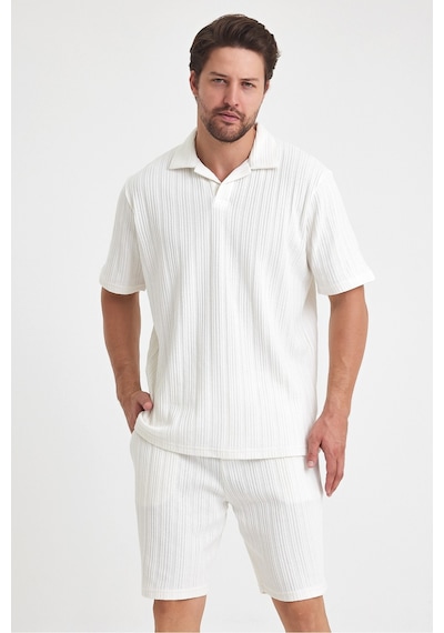 Tarz Cool Erkek Jakarlı Baklava Desenli %100 Pamuk Polo Yaka T-shirt Mat Beyaz