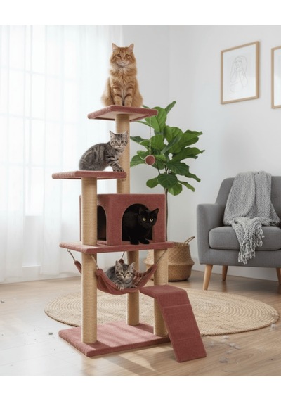 Reyo Pet B-07 Hamaklı Yuvalı Lüx Kedi Tırmalama Oyun Evi Gül Kurusu
