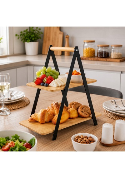 2 Katlı Bambu Sunum 16x26,5x34 Açık Kahverengi