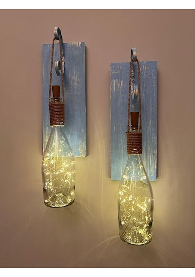Tıpa Peri Led Işıklı Mavi Eskitme Ahşap Cam Şampanya Şişesi Duvar Çok Renkli