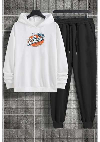 Uyguntarz Unisex Aloha Baskılı Eşofman Takımı Beyaz