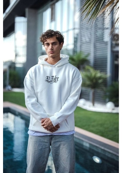 Üç İplik Penye Kapşonlu Baskılı Sweatshirt - Beyaz Beyaz