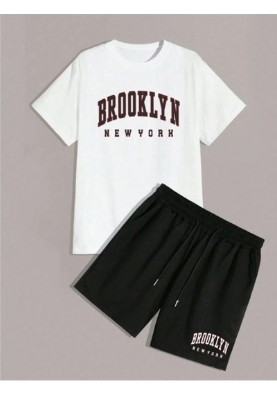 Hırsch Unisex Beyaz T-shirt Siyah Şort Alt Üst Brooklyn Baskılı Takım Siyah