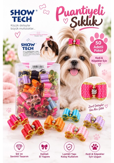 Showtech Fancy Polka Dot Puantiyeli Lastikli Kedi Köpek Tokası 50 Adetli Paket