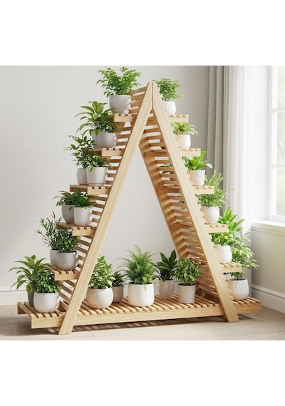 150x150 Cm Dev Boy Masif Ahşap A Formlu Çiçeklik Standı - 11 Bölmeli Bahçe Balkon Saksı Rafı Bej