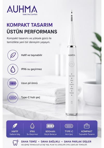 Ultrasonic Şarjlı Elektrikli Akıllı Diş Temizleme Cihazı Beyazlatıcı 5 Mod 3+1 Başlık, Ipx8 Su Geçirmez Beyaz Diğer