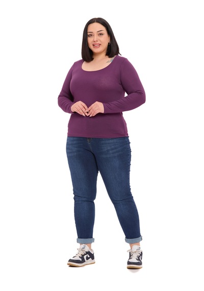 Disentis Büyük Beden U Yaka Uzun Kollu Viskon Mürdüm Body Mürdüm