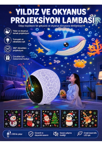 Çocuk Odası Bebek Odası Gece Lambası Hoparlör Bluetoothlu Yıldız Ve Okyonus Projeksiyon Gece Lambası Ahşap Standlı Kumandalı Müzikli Galaksi Ay Işığı
