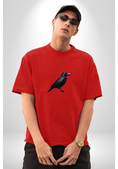Siyah Karga Pamuklu Bisiklet Yaka Unisex Oversize Boyfriend Dijital Baskılı Kırmızı T-shirt Kırmızı