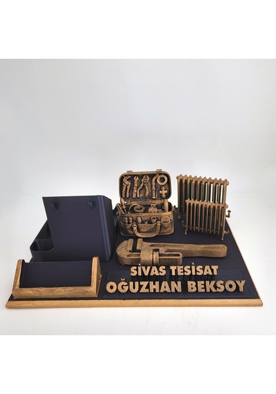 Kişiye Özel Sıhhı Tesisatçı Masa İsimliği Ve Kartvizitlik Gold - Siyah