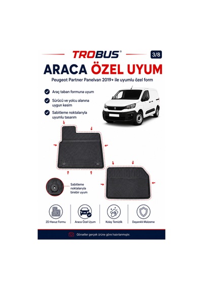 Trobus Peugeot Partner Panelvan 2019+ Araca Özel 2 Parça 2d Havuzlu Paspas