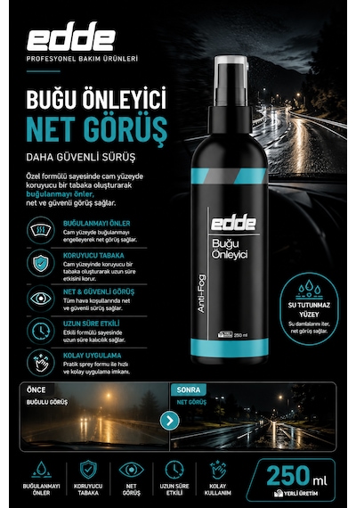 Edde Araba Araç Oto Cam Buğu Giderici Buğu Önleyici Sprey Buhar Önleyici Anti-fog 250 Ml Oto Detailing