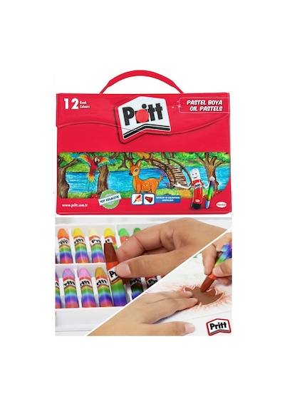 Pastel Boya 12 Renk Plastik Çantalı 1 Adet Tutucu Hediyeli Pritt Pastel Boya 12 Li Çantalı Canlı Renkler Çok Renkli