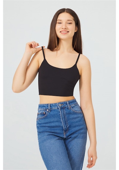 Cottonhill Siyah Ayarlanabilir İnce Askılı Lazer Kesim Kadın Crop Büstiyer