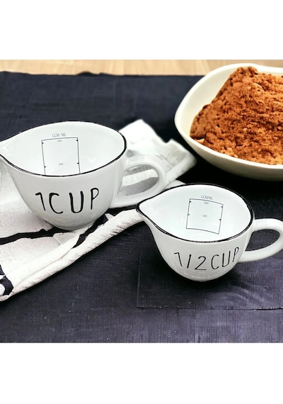 Seramik 2'li Ölçü Kabı Seti - 1 Cup 500 Ml Ve 1/2 Cup 250 Ml Kapasiteli, Beyaz