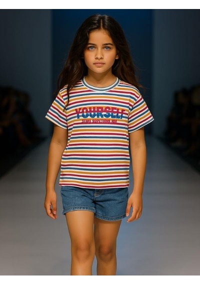 Cicihlid Çocuk Çizgili Pamuklu T-shirt-15895 Renkli