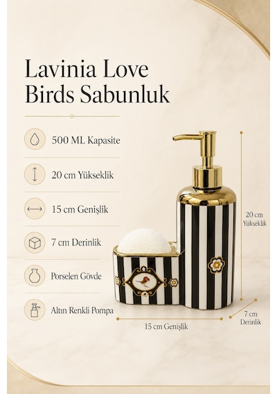 Kuş Motifli Gold Detaylı Çizgili Porselen Sıvı Sabunluk + Bulaşık Süngeri + Süngerlik Seti 500 Ml 20 X 15 X 7 Cm Beyaz - Siyah