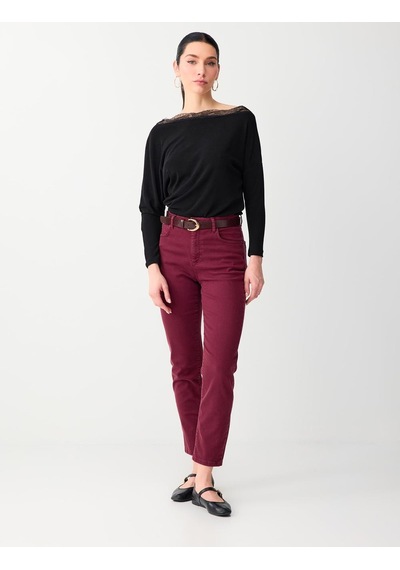 Jimmy Key Siyah Kayık Yaka Uzun Kollu Dantel Detaylı Örme Bluz 6sw035531900