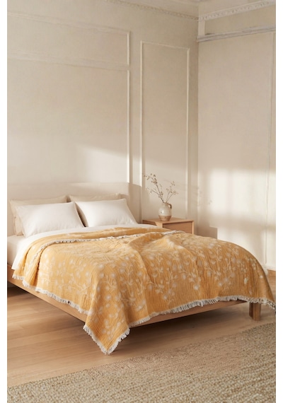 Soleil Bloom 5 Kat Dolgulu Müslin Çift Kişilik Yatak Örtüsü Pike Koltuk Örtüsü %100 Pamuk Çiçek Desenli 220x240 Cm Sarı