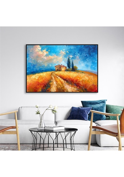 Yağlı Boya Dokulu Tablo Modern Buğday Tarlası Manzarası Siyah Çerçeveli U06018-178983