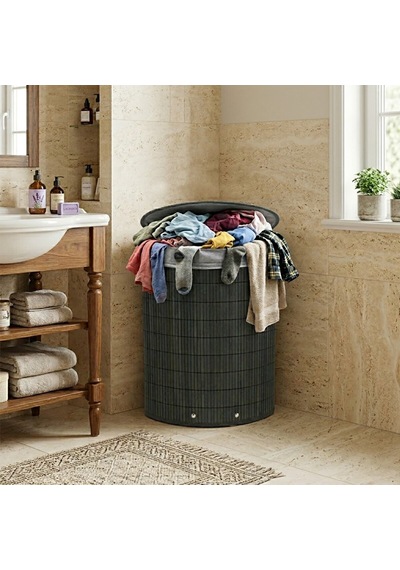 İbico İ21-105 Kirli Çamaşır Sepeti Y:60cm 35x60cm Üçgen İp Kulplu Bambu Ahşap Kumaş Çantalı Gri Diğer