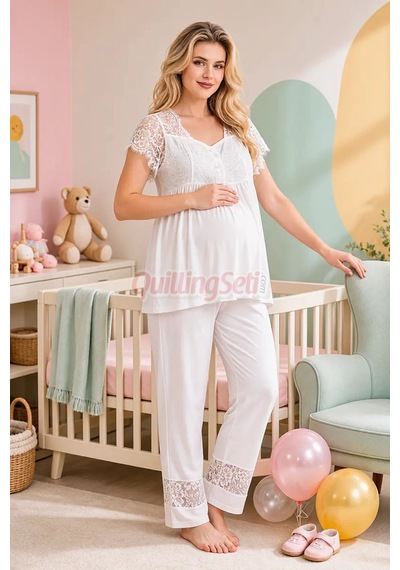 Quilling Ekru Renkli Dantel Detaylı, 33200 Kısa Kol, 2 Parça Lohusa Hamile Pijama Takımı