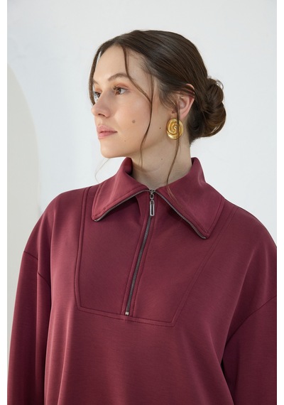 Aker Bordo Yakası Ve Yan Yırtmaçları Fermuarlı Modal Sweatshirt Bordo Bordo