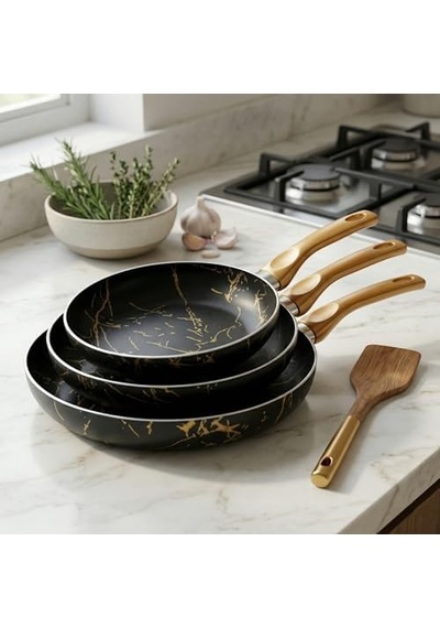 Desert 3&apos Lü Maxi Tava Seti Siyah Gold İzmir - 20/24/28 Cm Yanmaz Yapışmaz Granit Efektli Çeyizlik Kızartma Tavası Açık Bakır