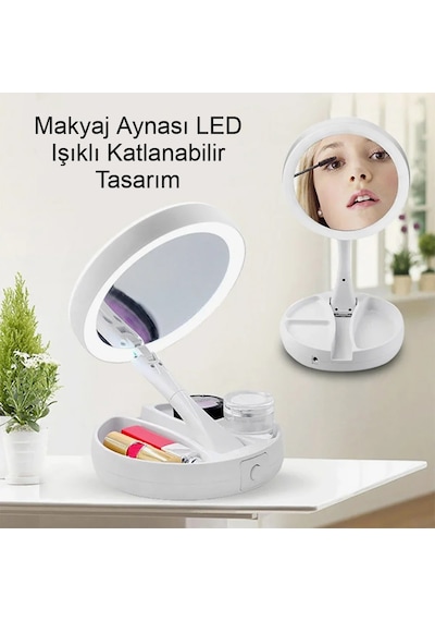 Led Işıklı 10x Katlanır Hafif Çift Yönlü Usb Şarjlı Makyaj Aynası